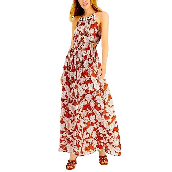 NWT Jamie & Layla Petite Printed Halter Maxi Dress Rust Combo Size PL - Picture 1 of 7